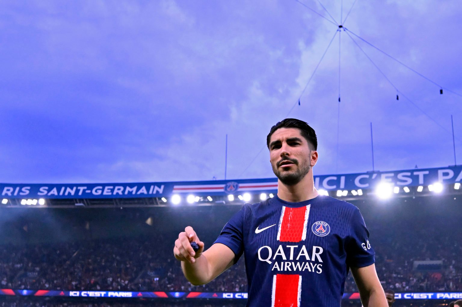 Carlos Soler of Paris Saint-Germain reacts before the Ligue 1 Uber Eats match between Paris Saint-Germain and Toulouse FC at Parc des Princes on Ma...