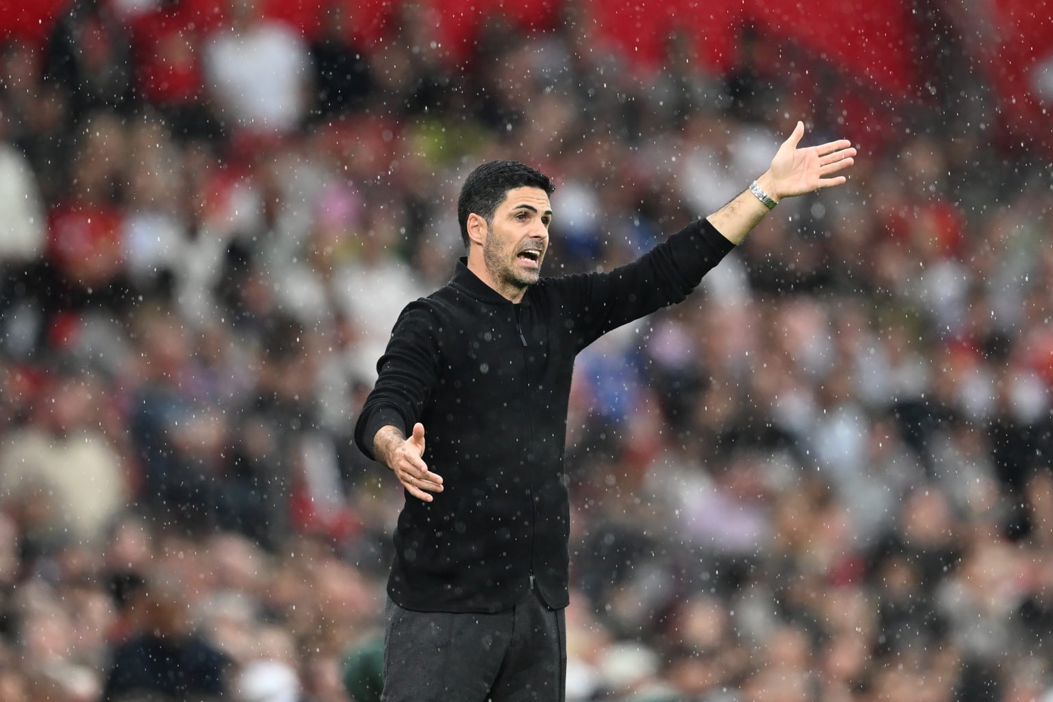 Mikel Arteta, Arsenal manager looks on during the Premier League match between Manchester United and Arsenal FC at Old Trafford on May 12, 2024 in ...