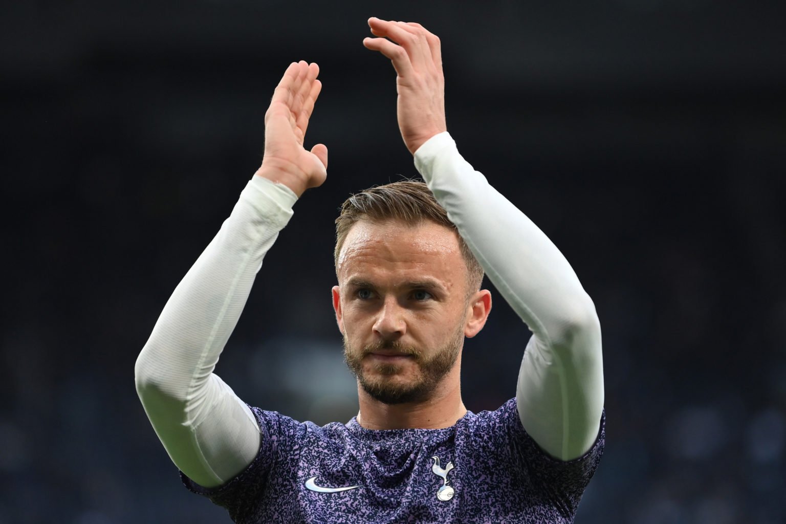 James Maddison of Tottenham Hotspur applauds the fans during the warm up prior to the Premier League match between Tottenham Hotspur and Manchester...