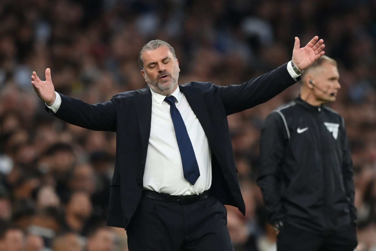 Ange Postecoglou, Manager of Tottenham Hotspur, reacts during the Premier League match between Tottenham Hotspur and Manchester City at Tottenham H...