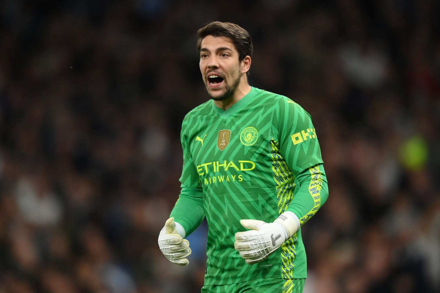 Stefan Ortega of Manchester City reacts during the Premier League match between Tottenham Hotspur and Manchester City at Tottenham Hotspur Stadium ...