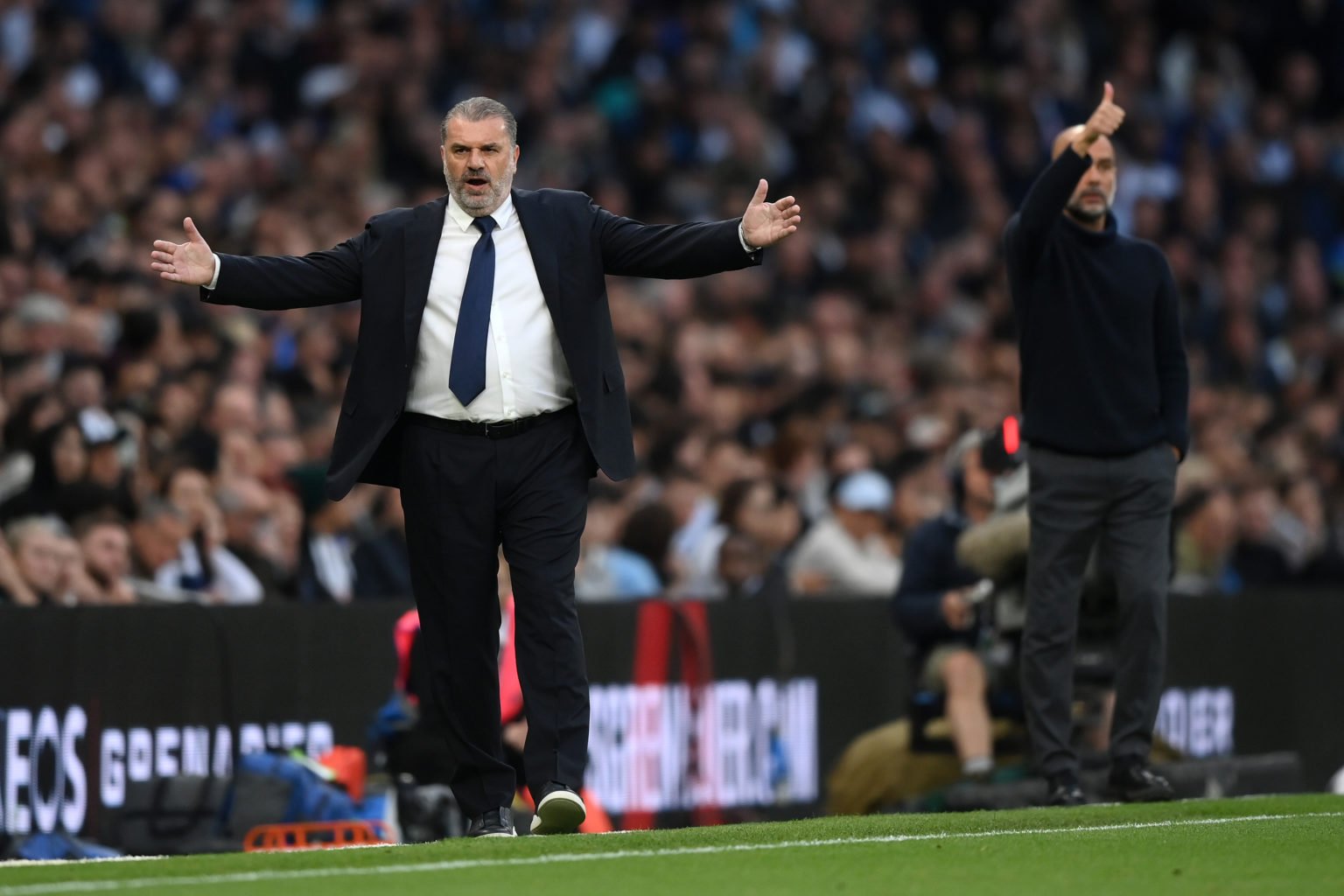 Ange Postecoglou, Manager of Tottenham Hotspur, reacts during the Premier League match between Tottenham Hotspur and Manchester City at Tottenham H...