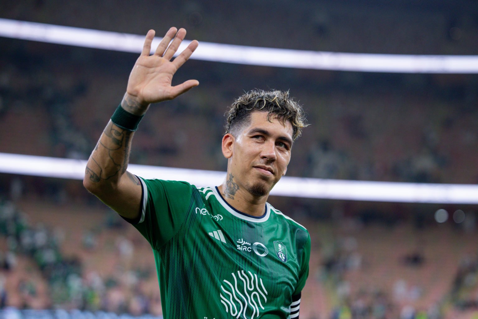 Roberto Firmino of Al Ahli celebrates after winning the Saudi Pro League match between Al-Ahli SFC and Abha Club at King Abdullah Sports City on Ma...