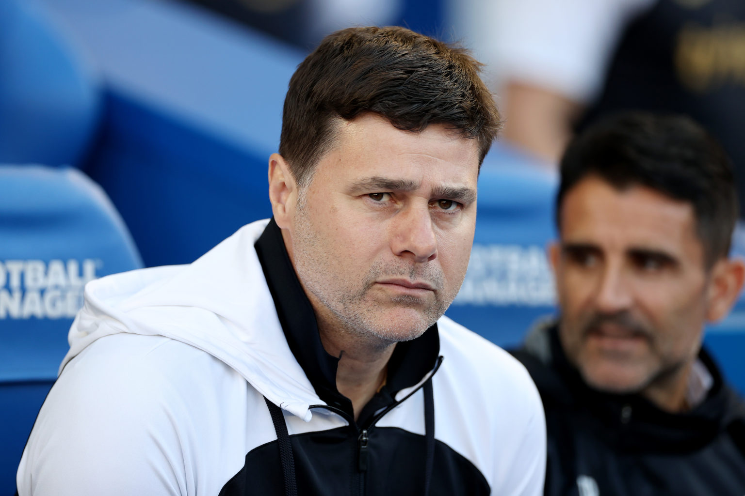 Mauricio Pochettino, Manager of Chelsea, looks on prior to the Premier League match between Brighton & Hove Albion and Chelsea FC at American E...