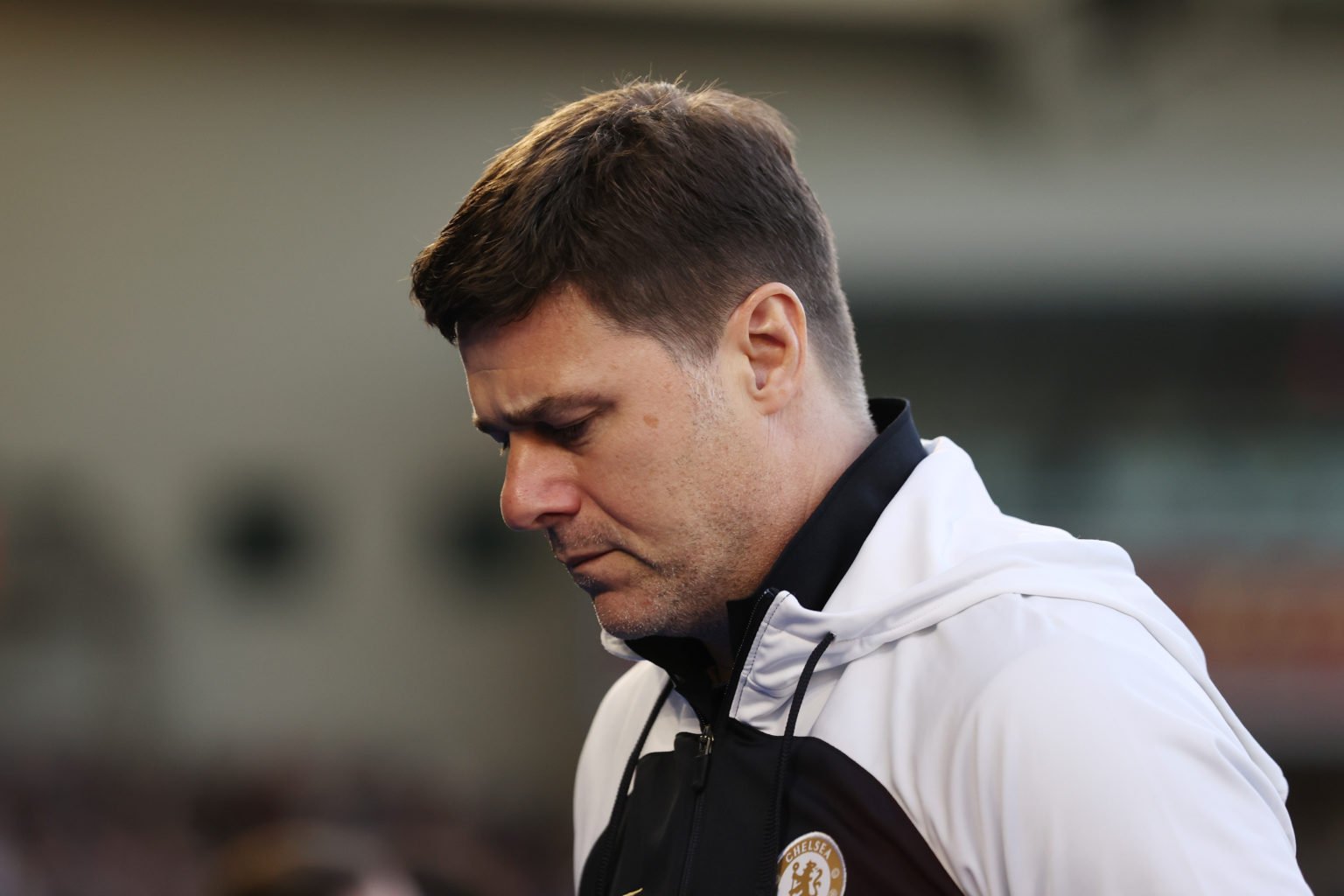 Mauricio Pochettino, Manager of Chelsea, looks on prior to the Premier League match between Brighton & Hove Albion and Chelsea FC at American E...