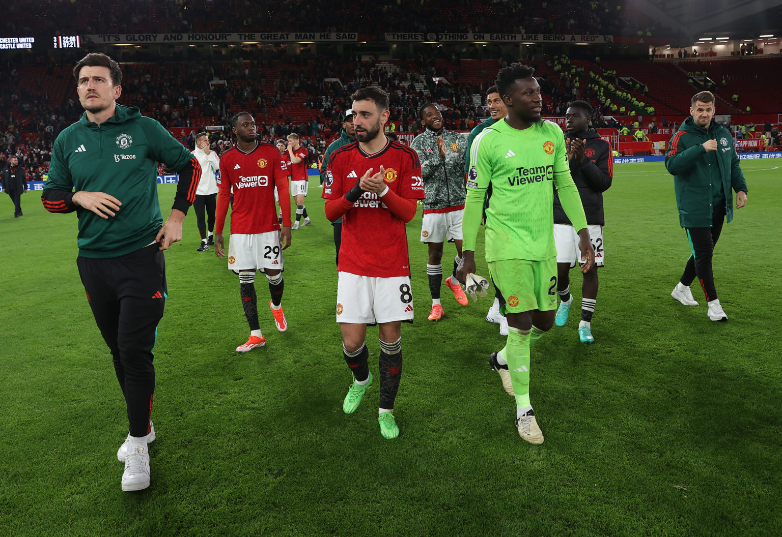 Bruno Fernandes,  of Manchester United takes part in a lap of recognition after the Premier League match between Manchester United and Newcastle Un...