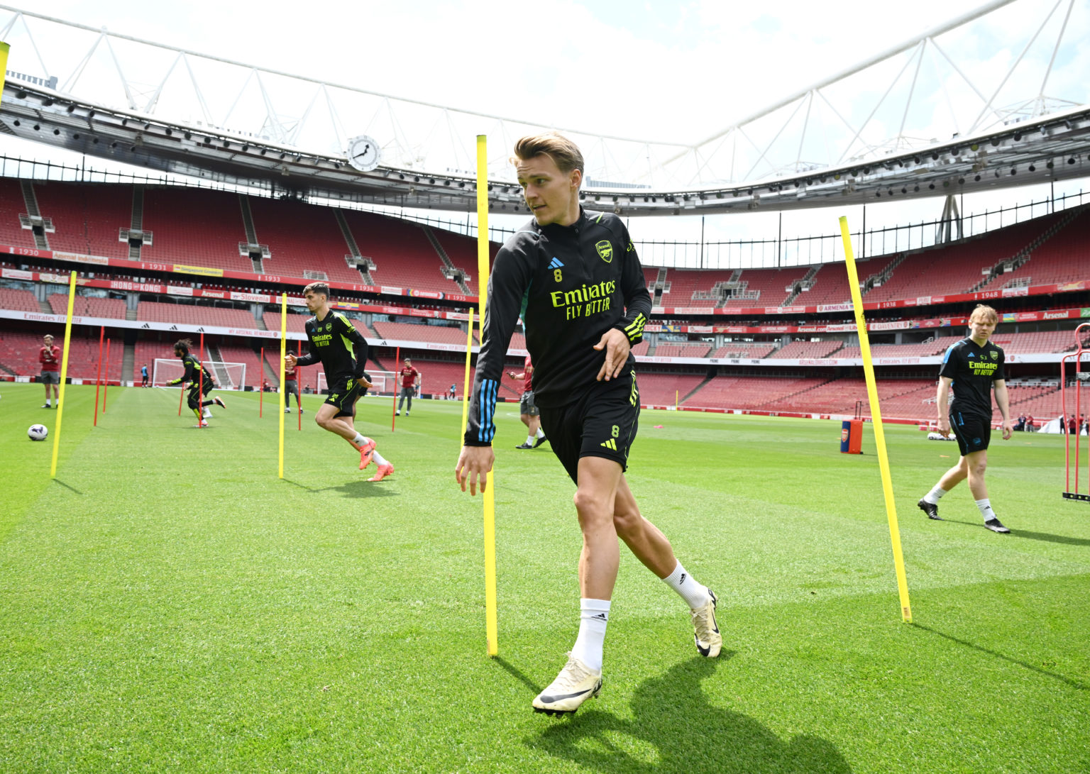 Martin Odegaard of Arsenal during a training session at Emirates Stadium on May 15, 2024 in London, England.