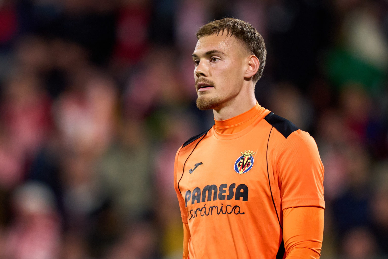 Filip Jorgensen of Villarreal CF looks on during the LaLiga EA Sports match between Girona FC and Villarreal CF at Montilivi Stadium on May 14, 202...