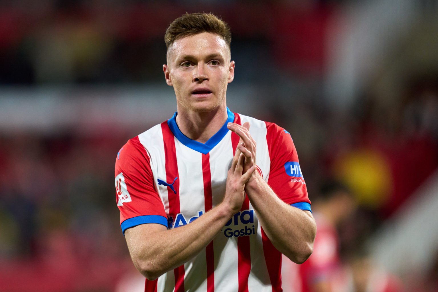 Viktor Tsygankov of Girona FC acknowledges the supporters during the LaLiga EA Sports match between Girona FC and Villarreal CF at Montilivi Stadiu...