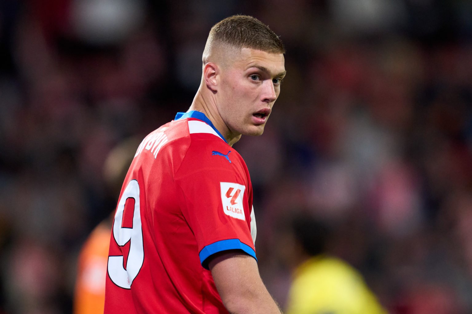 Artem Dovbyk of Girona FC looks on during the LaLiga EA Sports match between Girona FC and Villarreal CF at Montilivi Stadium on May 14, 2024 in Gi...