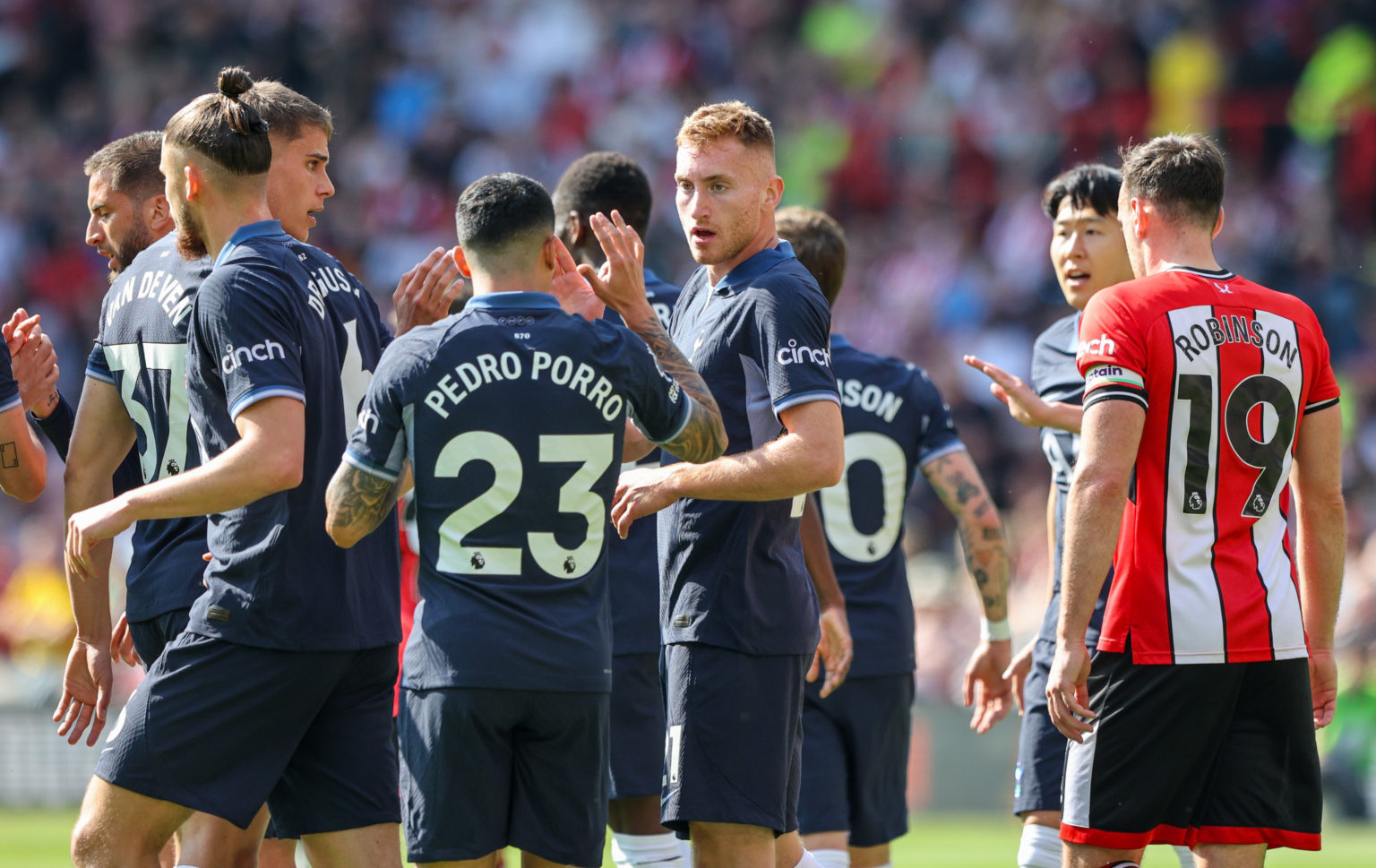 Tottenham Hotspur's Dejan Kulusevski celebrates scoring the opening goal with teammates during the Premier League match between Sheffield United an...