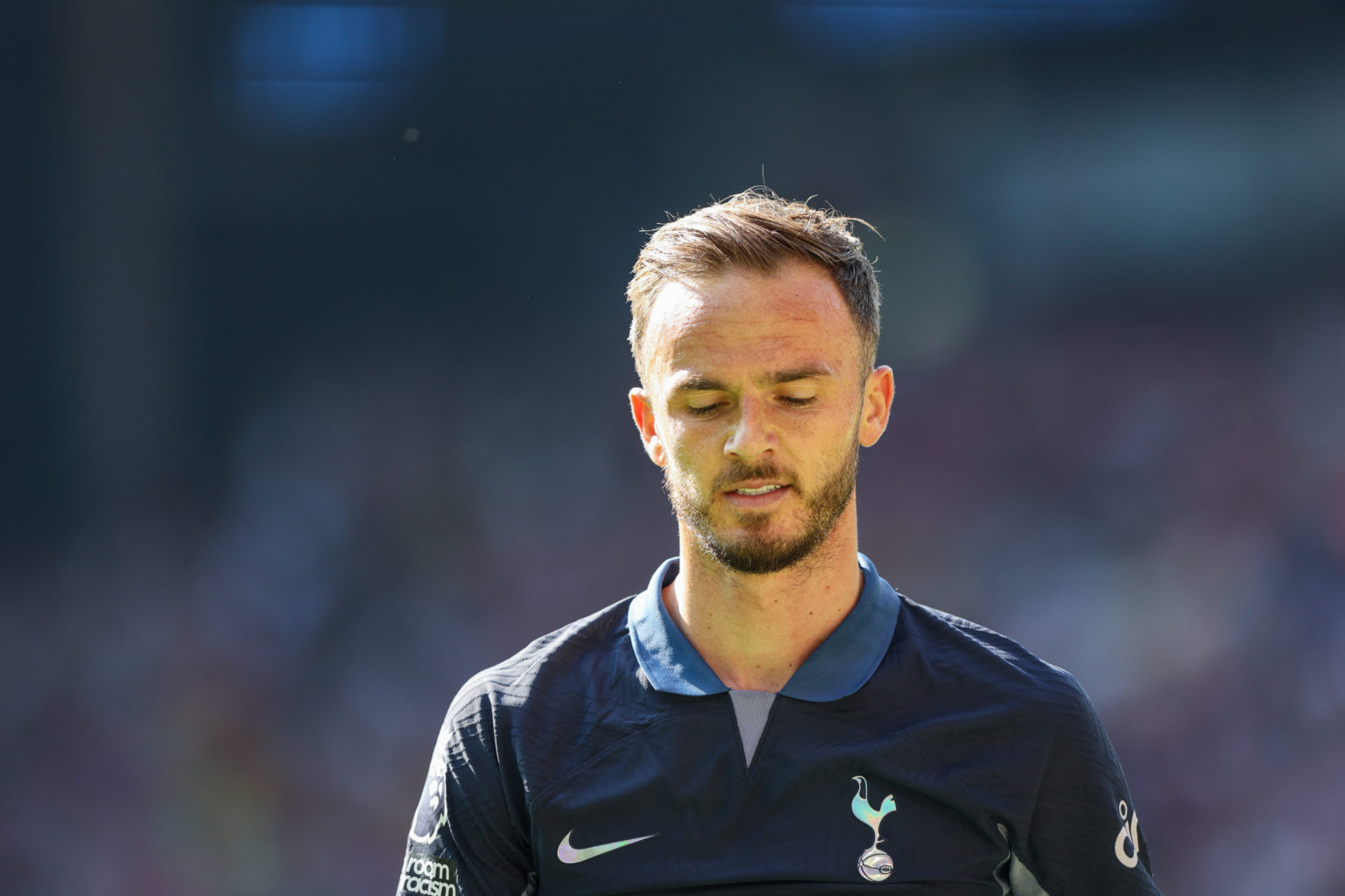 Tottenham Hotspur's James Maddison in action during the Premier League match between Sheffield United and Tottenham Hotspur at Bramall Lane on May ...