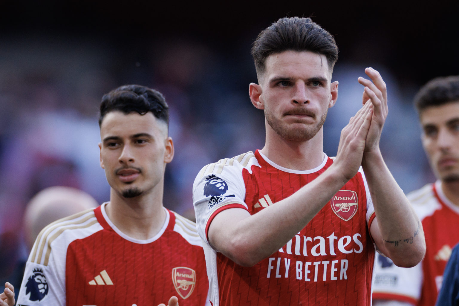 Declan Rice and Gabriel Martinelli of Arsenal look dejected after the Premier League match between Arsenal FC and Everton FC at Emirates Stadium on...