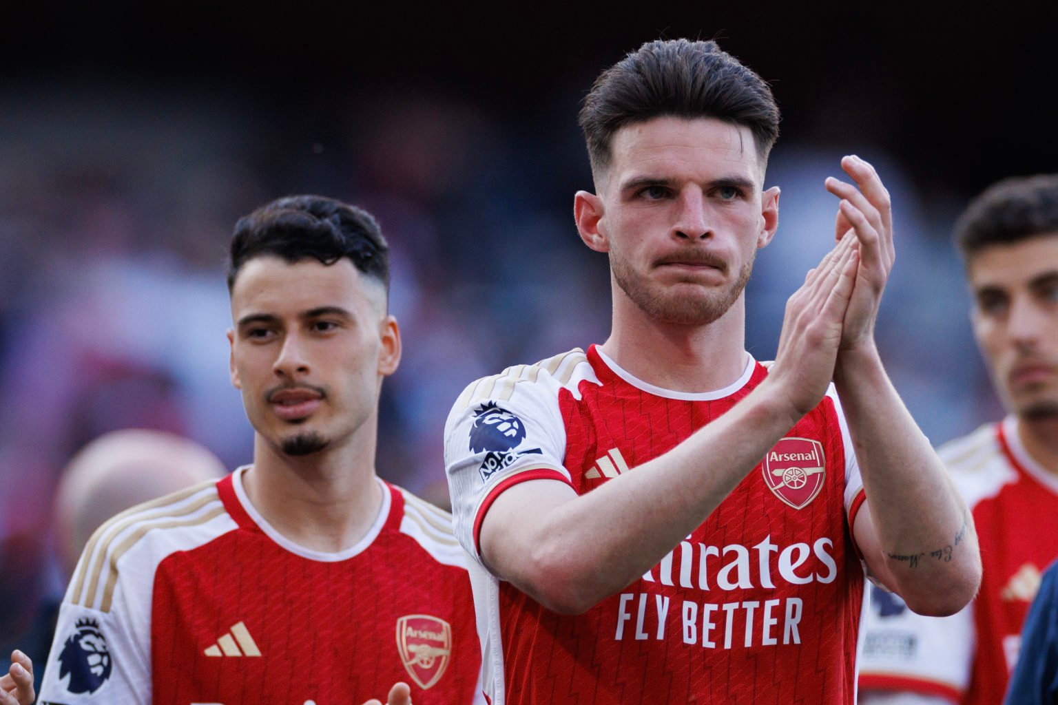 Declan Rice and Gabriel Martinelli of Arsenal look dejected after the Premier League match between Arsenal FC and Everton FC at Emirates Stadium on...