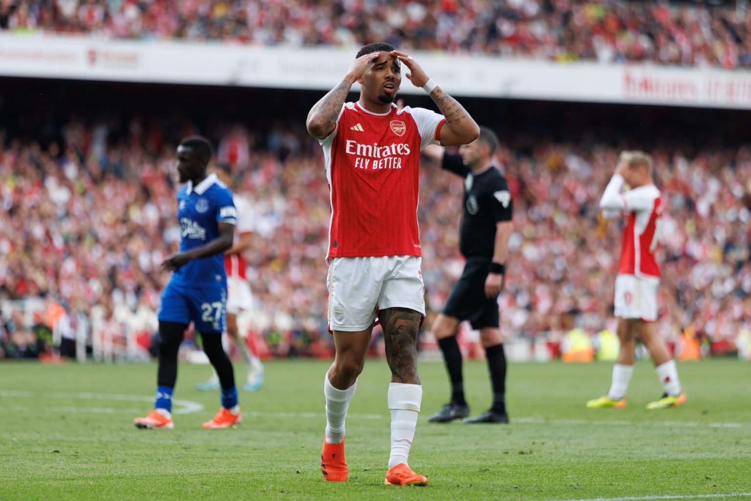 Gabriel Jesus of Arsenal looks dejected during the Premier League match between Arsenal FC and Everton FC at Emirates Stadium on May 19, 2024 in Lo...