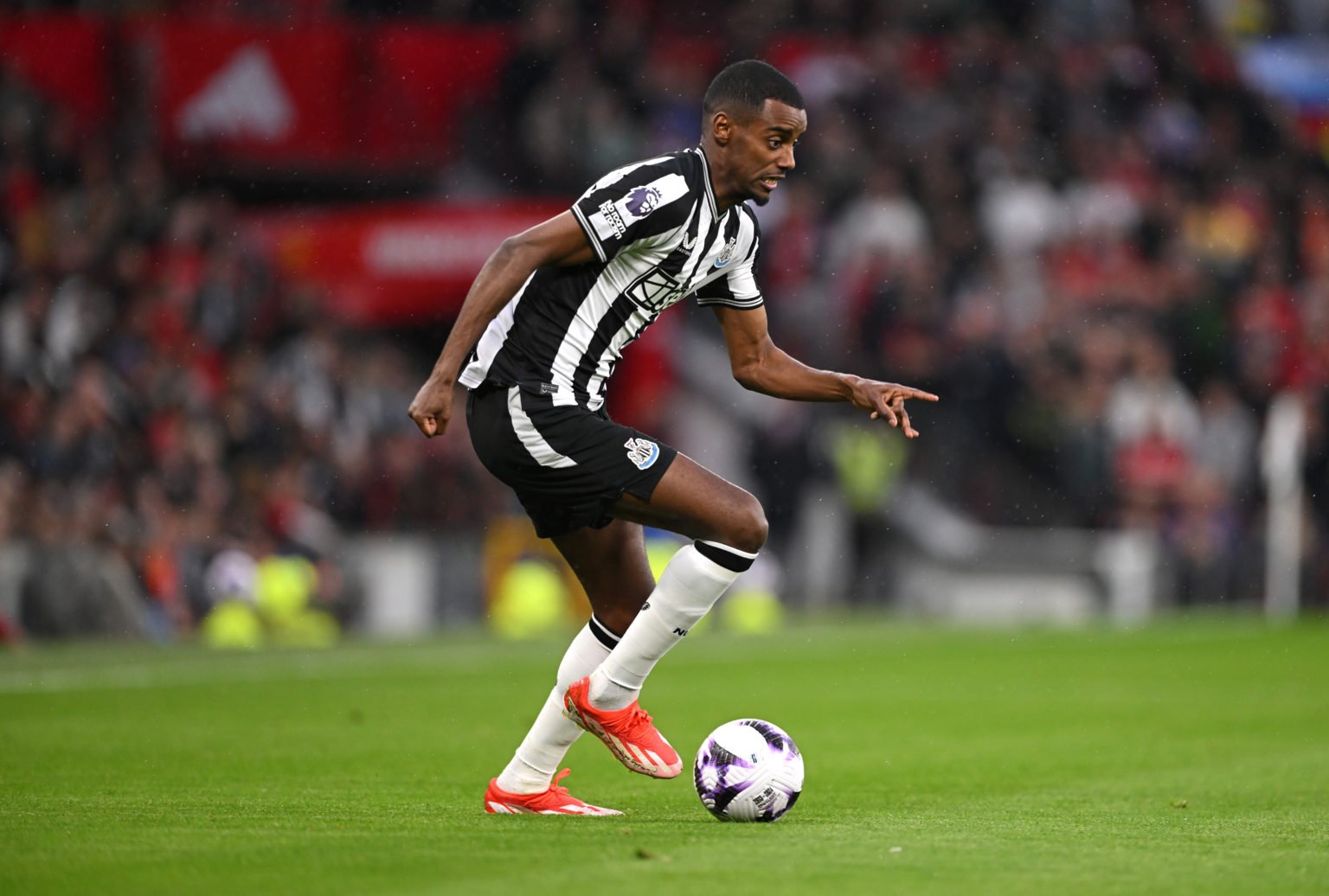 Newcastle United player Alexander Isak in action during the Premier League match between Manchester United and Newcastle United at Old Trafford on ...