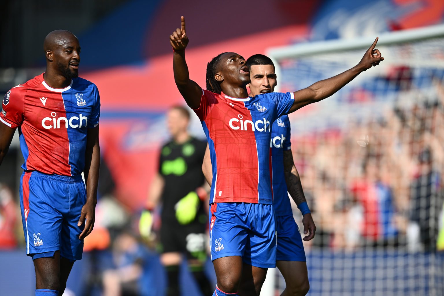 Eberechi Eze of Crystal Palace celebrates after scoring his 1st and team 3rd goal during the Premier League match between Crystal Palace and Aston ...