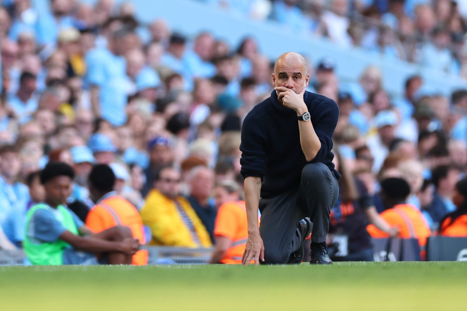 Pep Guardiola the head coach / manager of Manchester City during the Premier League match between Manchester City and West Ham United at Etihad Sta...