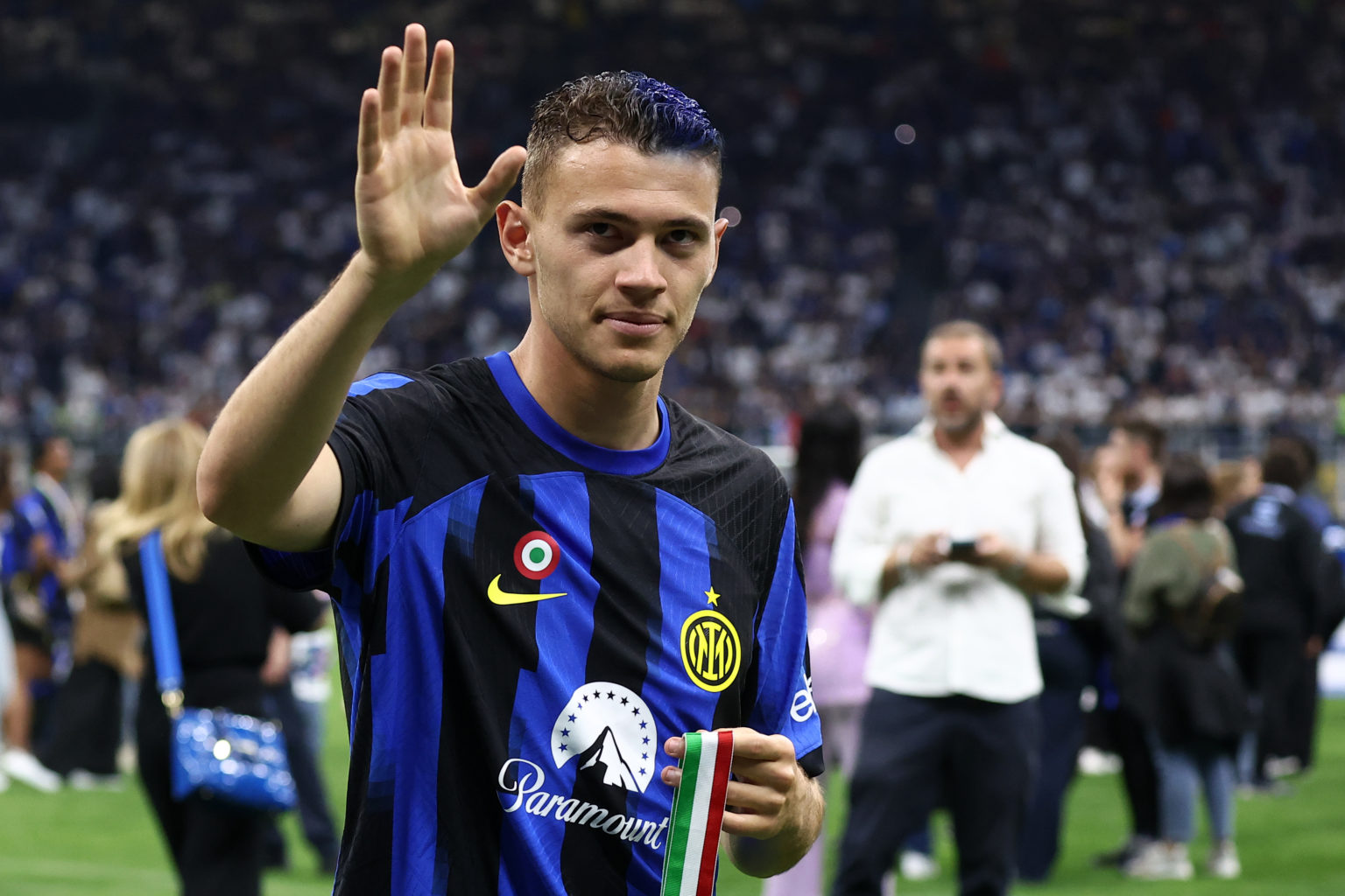 Kristjan Asllani of FC Internazionale celebrates the championship after the Serie A TIM match between FC Internazionale and SS Lazio at Stadio Gius...