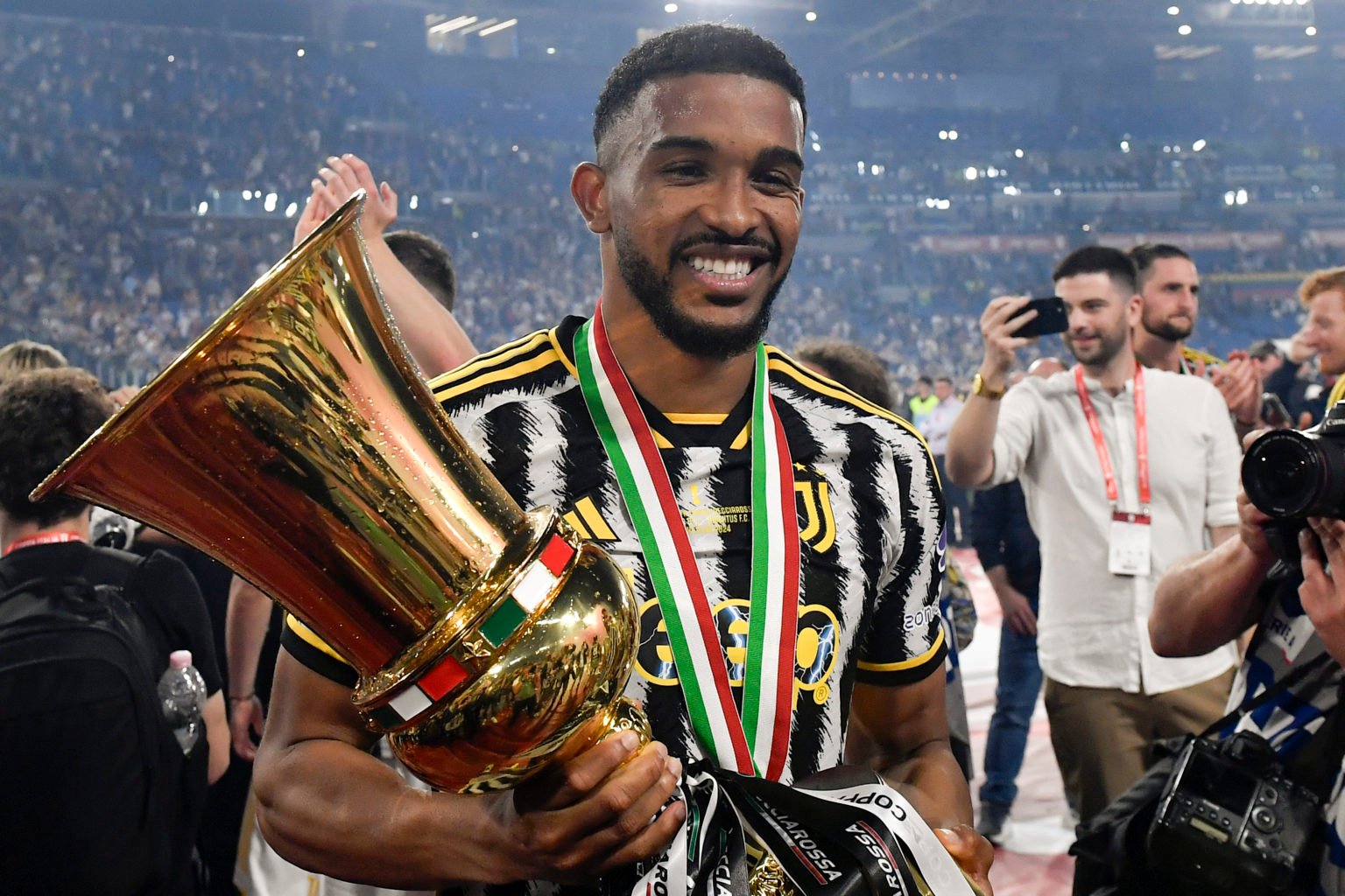 Gleison Bremer Silva Nascimento of Juventus FC celebrates with the trophy at the end of the Italy cup final match between Atalanta BC and Juventus ...