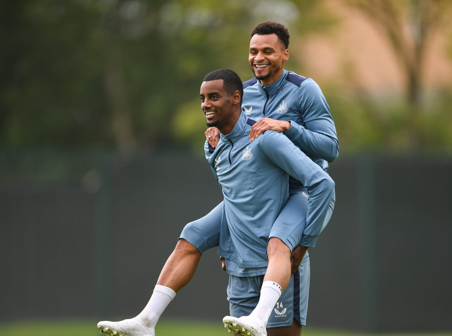 Alexander Isak (L) and Jacob Murphy (R) seen during the Newcastle United Training Session at Newcastle United Training Centre on May 17, 2024 in Ne...