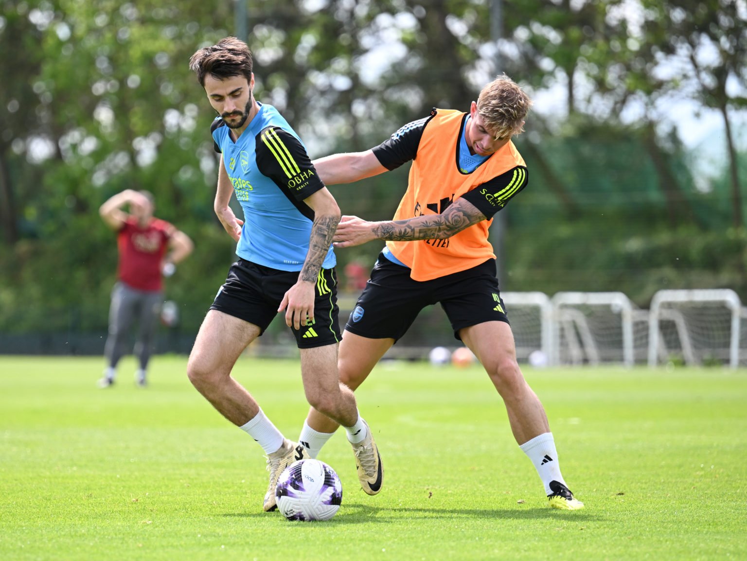 (L-R) Fabio Vieira and Emile Smith Rowe of Arsenal during a training session at London Colney on May 17, 2024 in St Albans, England.