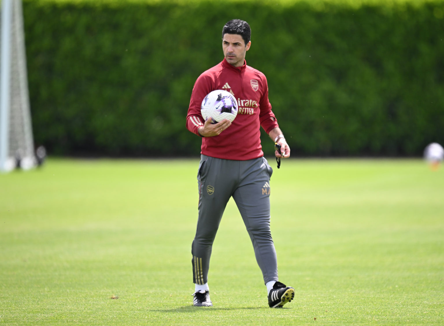 Arsenal manager Mikel Arteta during a training session at London Colney on May 17, 2024 in St Albans, England.