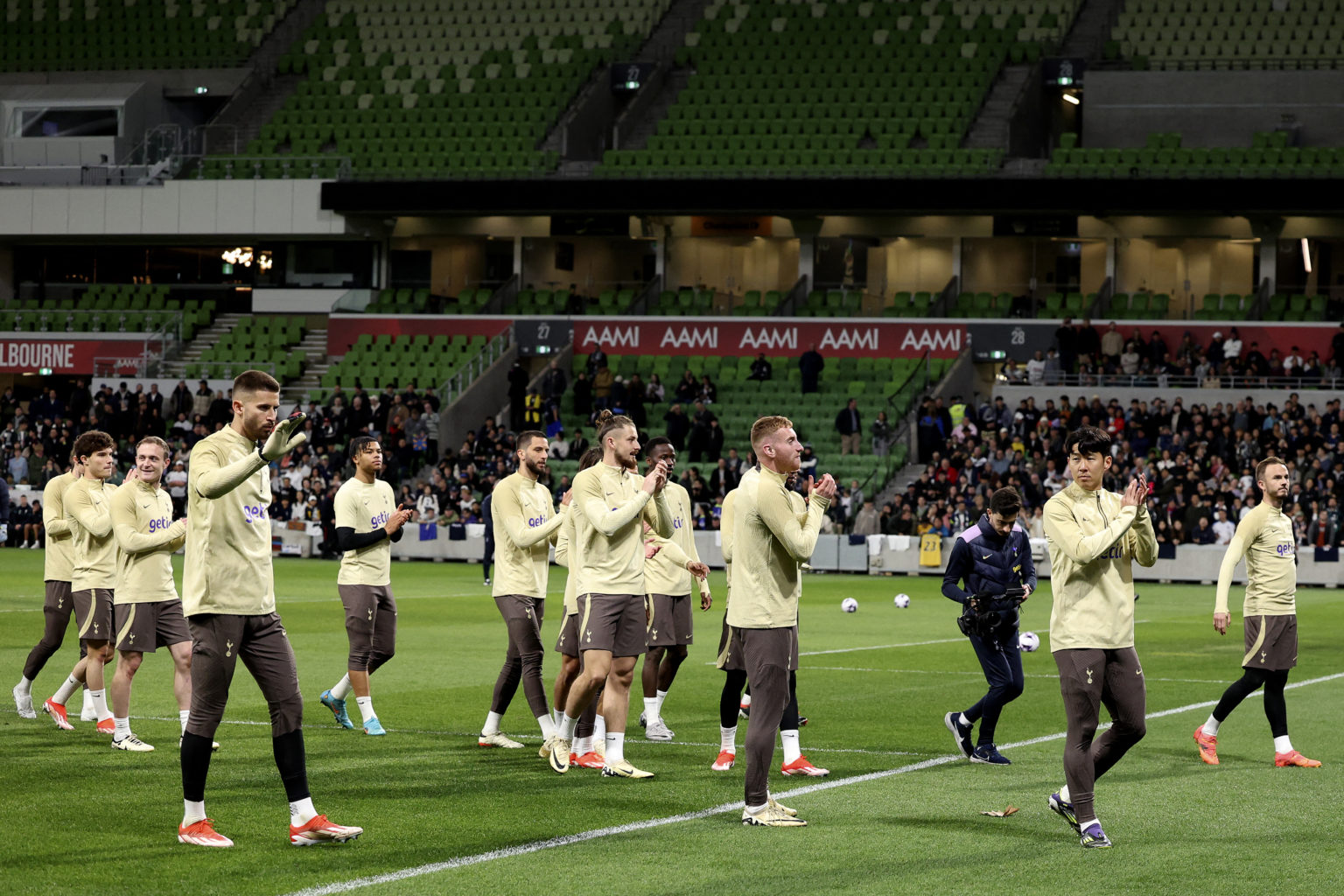 Tottenham Hotspurs' players attend a training session at AAMI Park in Melbourne on May 21, 2024, ahead of a friendly football match against Newcast...