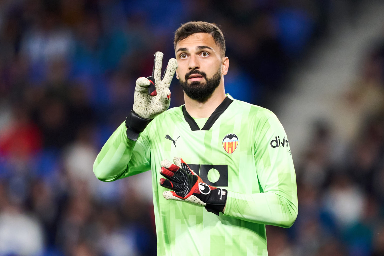 Giorgi Mamardashvili of Valencia CF reacts during the LaLiga EA Sports match between Real Sociedad and Valencia CF at Reale Arena on May 16, 2024 i...