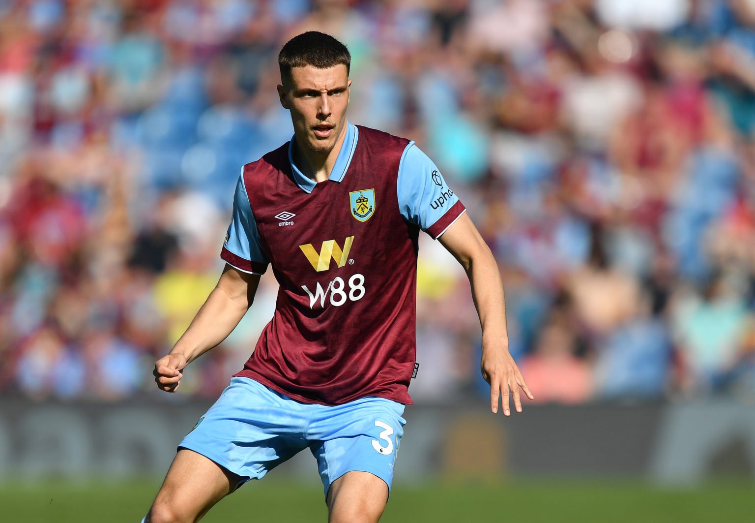 Burnley's Maxime Esteve  during the Premier League match between Burnley FC and Nottingham Forest at Turf Moor on May 19, 2024 in Burnley, England.