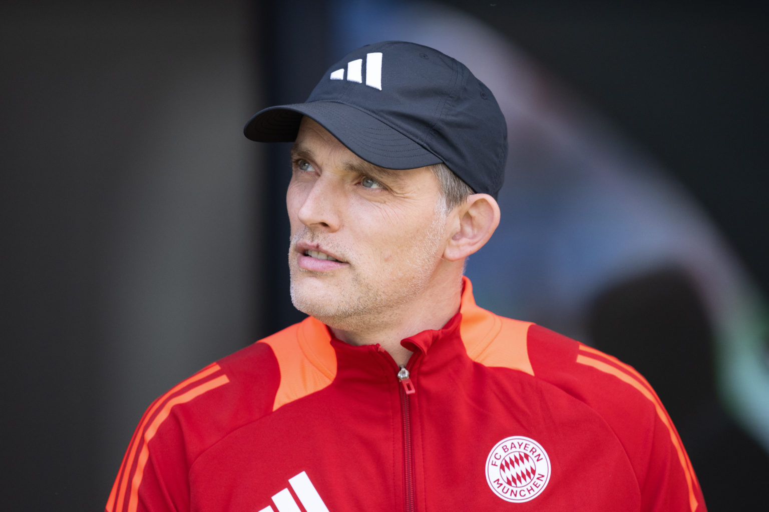 Head coach Thomas Tuchel of Bayern looks on prior to the Bundesliga match between TSG Hoffenheim and FC Bayern München at PreZero-Arena on May 18, ...