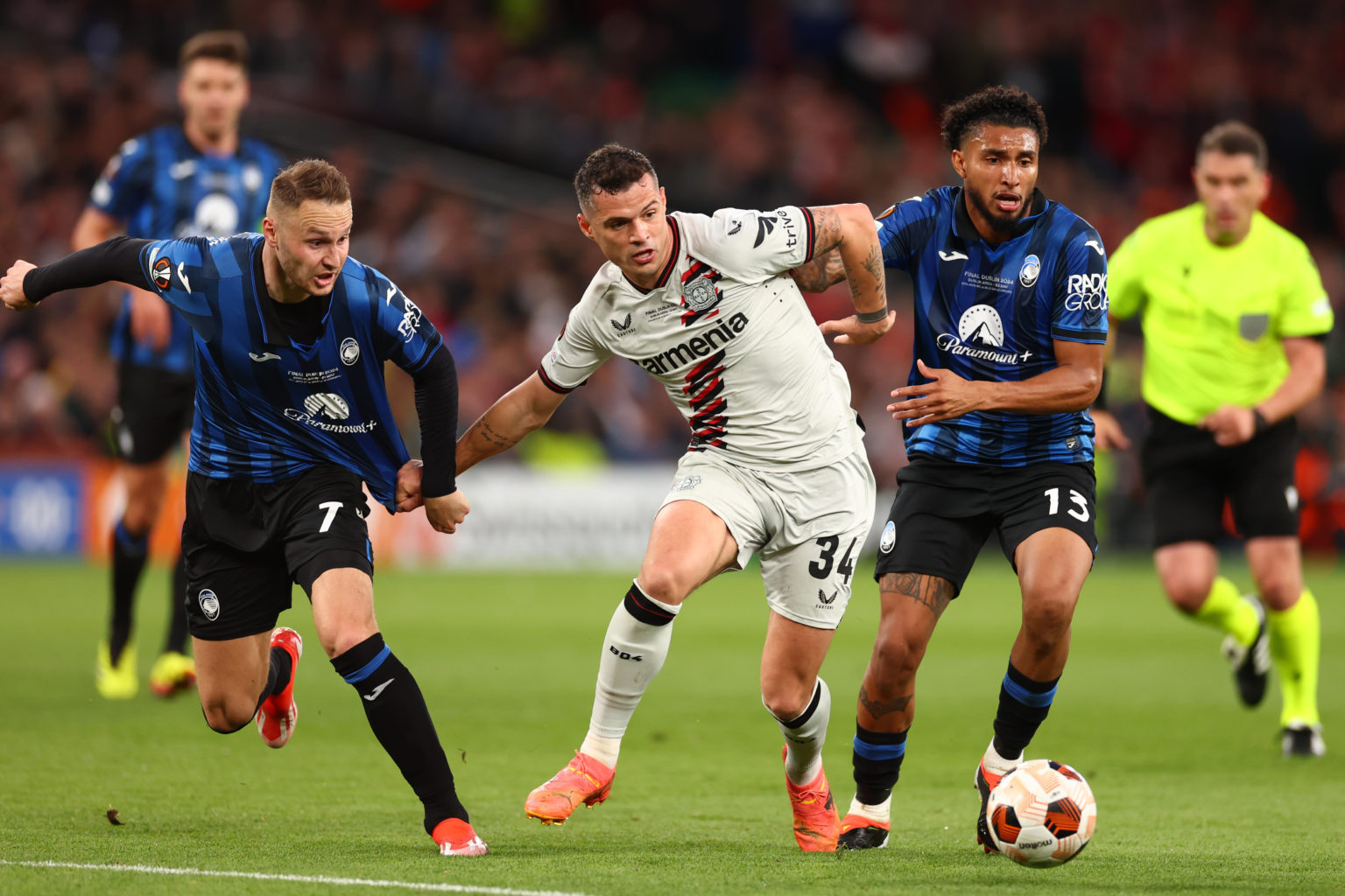 Teun Koopmeiners & Ederson of Atalanta compete with Granit Xhaka of Bayer Leverkusen during the UEFA Europa League 2023/24 final match between ...