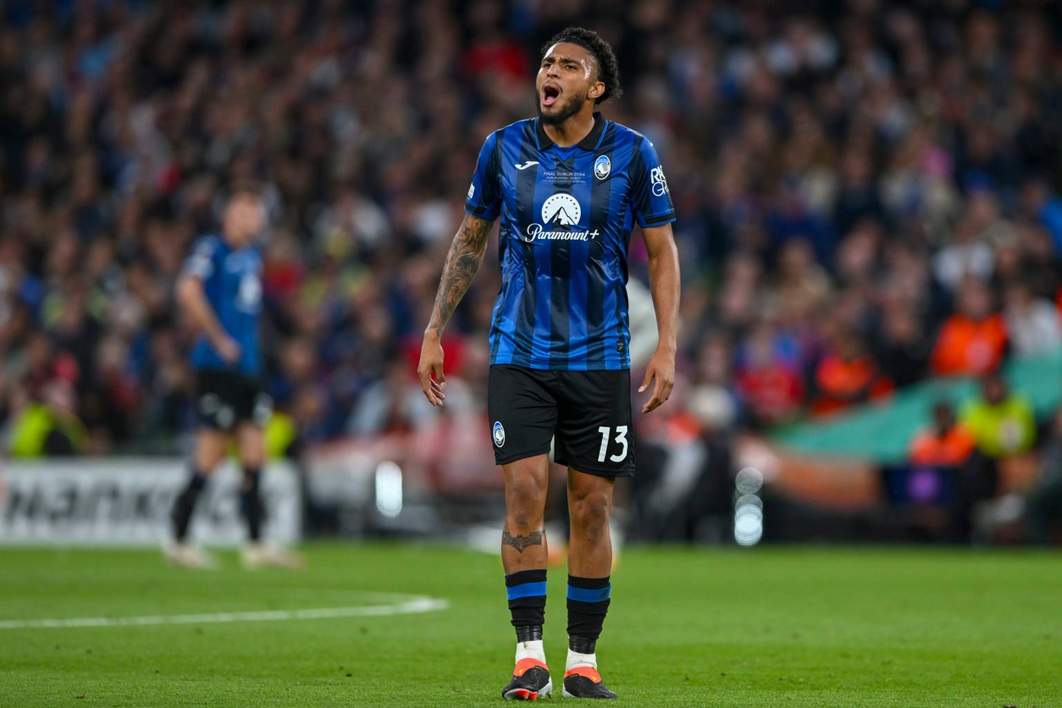 Éderson of Atalanta shouting to teammates during the UEFA Europa League 2023/24 final match between Atalanta BC and Bayer 04 Leverkusen at Dublin A...