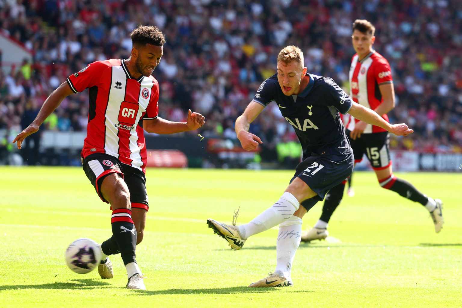 Dejan Kulusevski of Tottenham Hotspur scores the opening goal during the Premier League match between Sheffield United and Tottenham Hotspur at Bra...