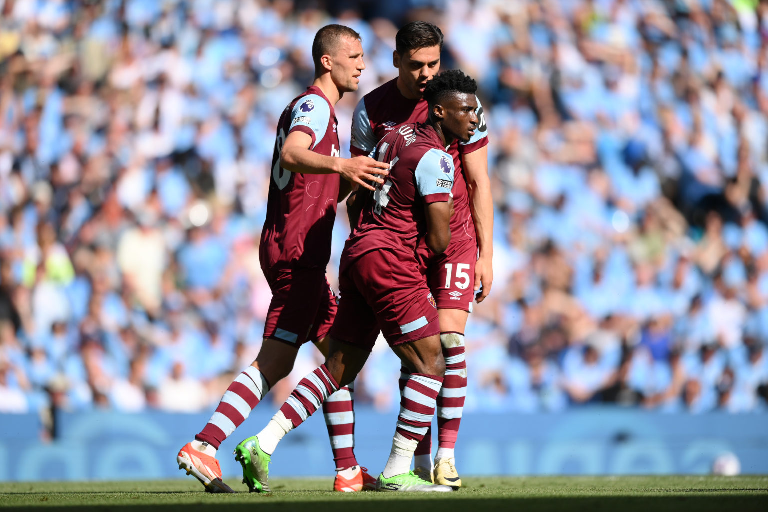 Mohammed Kudus of West Ham United celebrates scoring his team's first goal with teammates Tomas Soucek and Konstantinos Mavropanos of West Ham Unit...