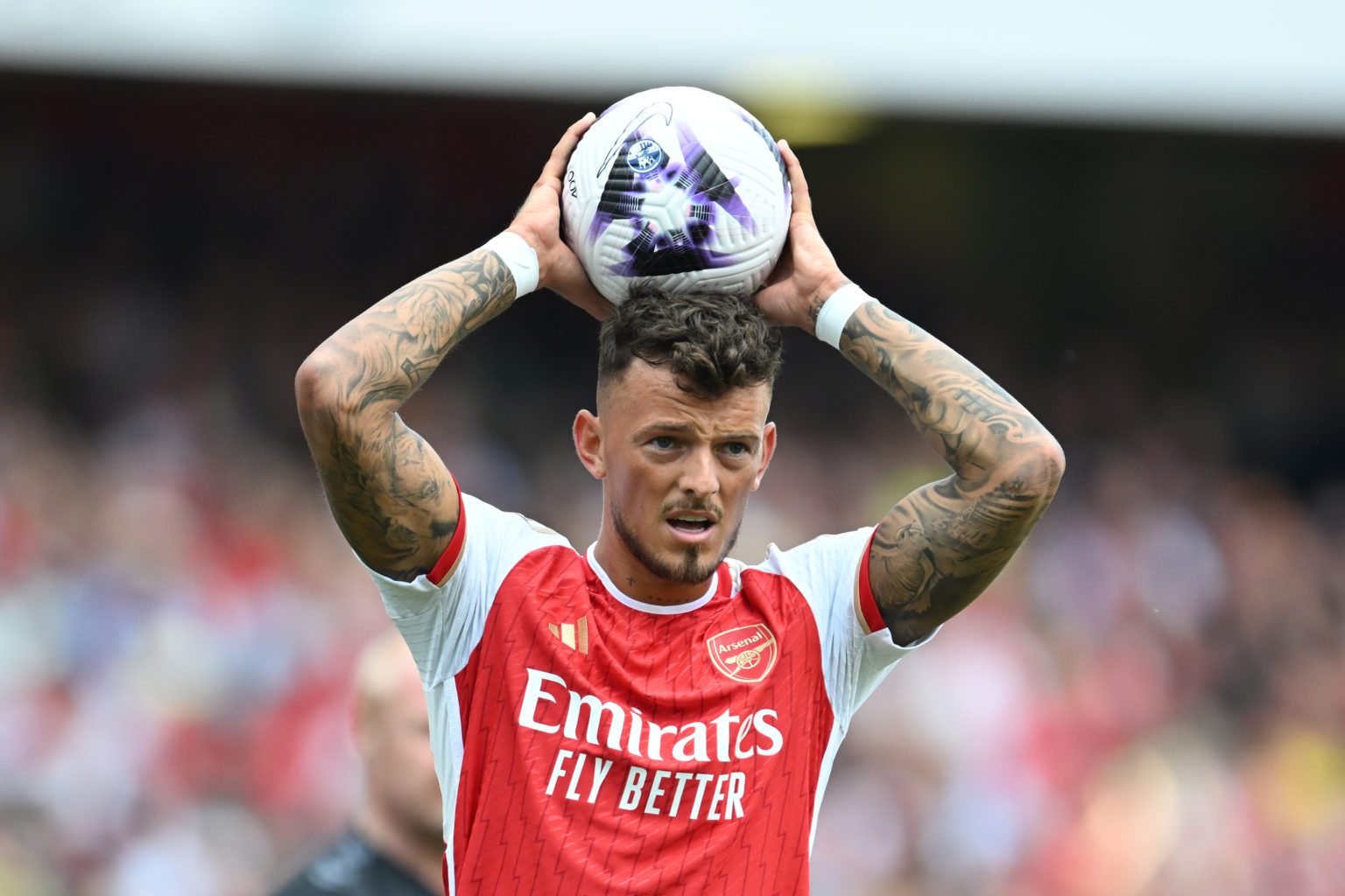 Ben White of Arsenal takes a throw in during the Premier League match between Arsenal FC and Everton FC at Emirates Stadium on May 19, 2024 in Lond...