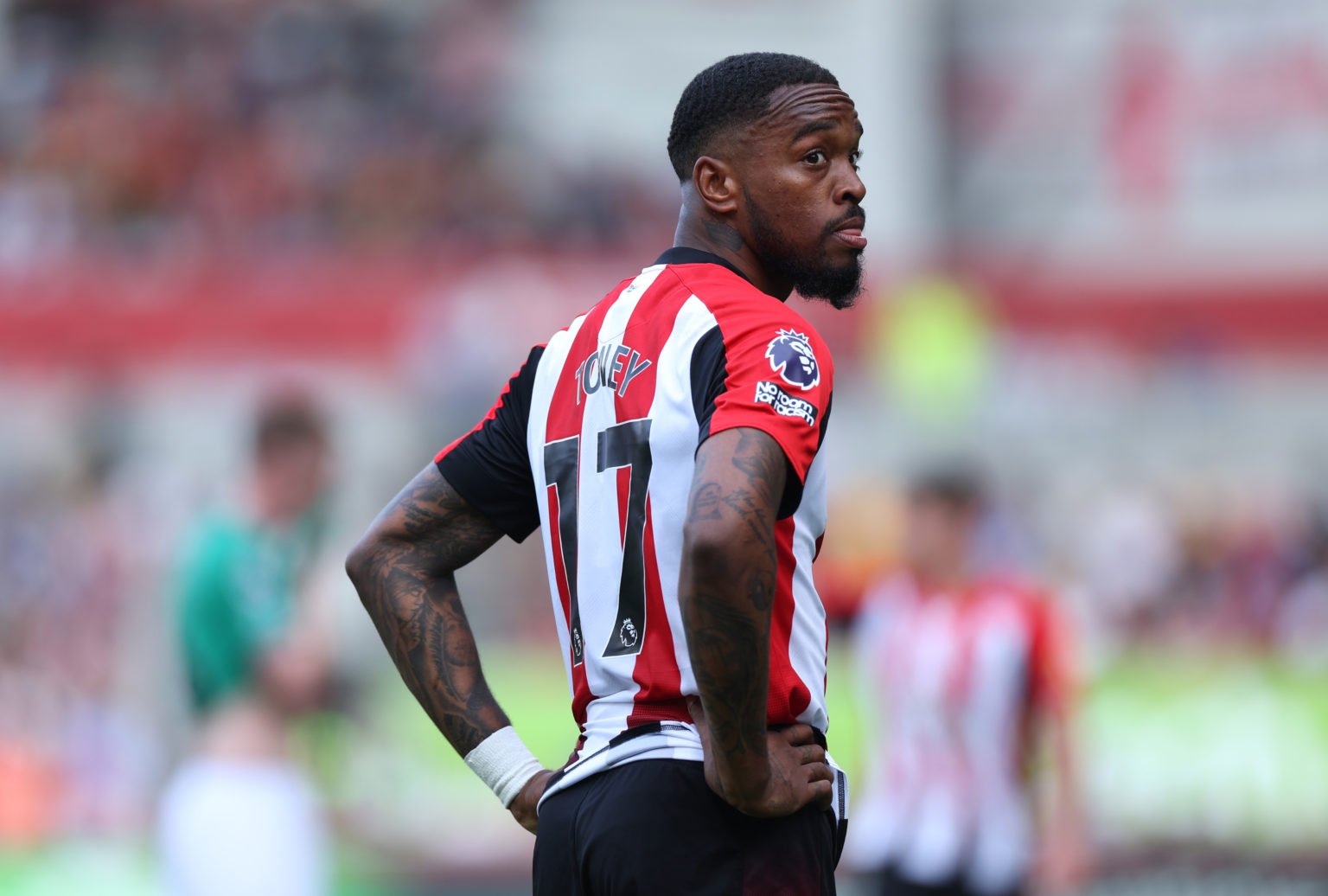 Ivan Toney of Brentford looks on during the Premier League match between Brentford FC and Newcastle United at Brentford Community Stadium on May 19...