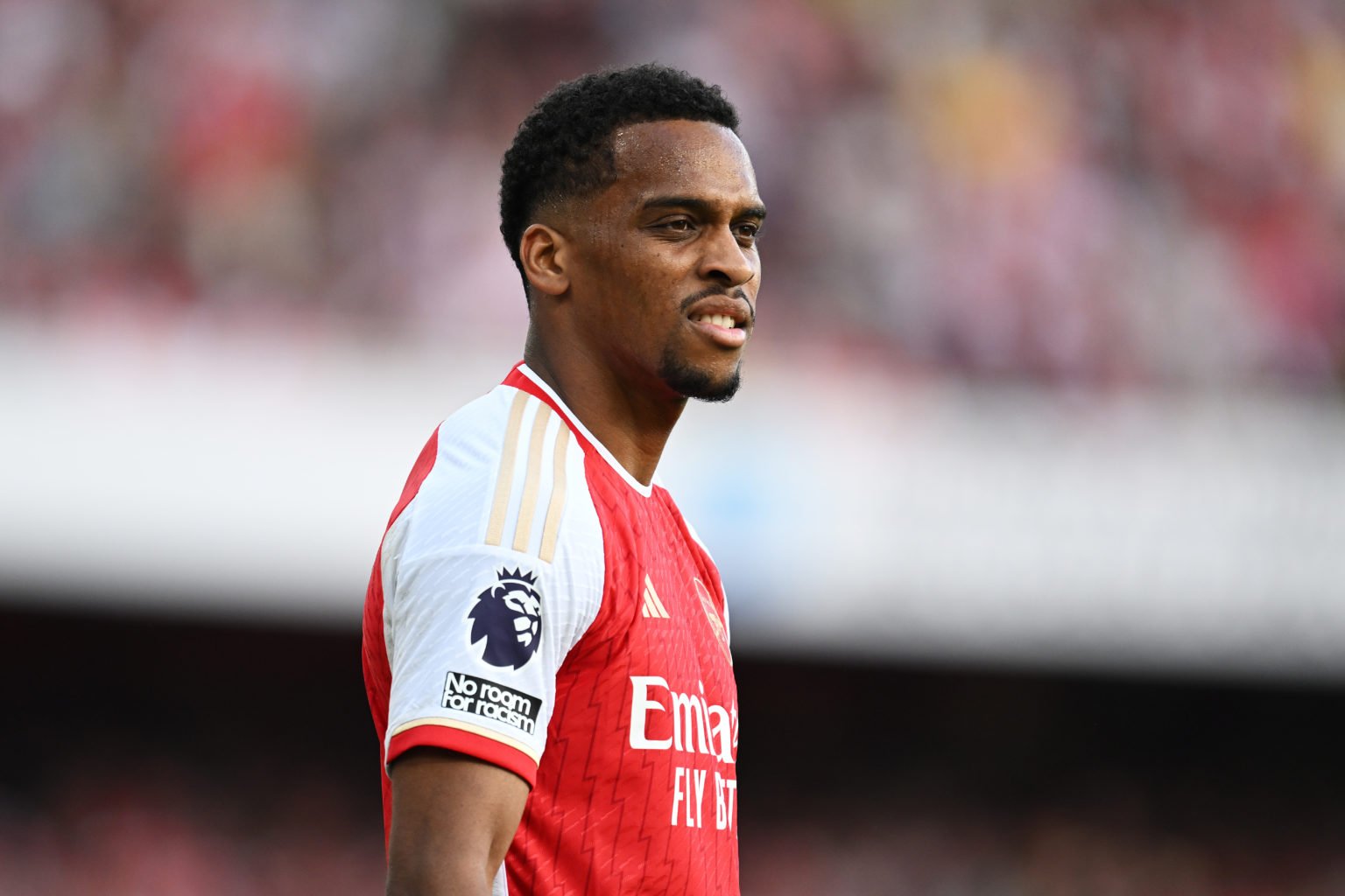 Jurrien Timber of Arsenal looks on during the Premier League match between Arsenal FC and Everton FC at Emirates Stadium on May 19, 2024 in London,...