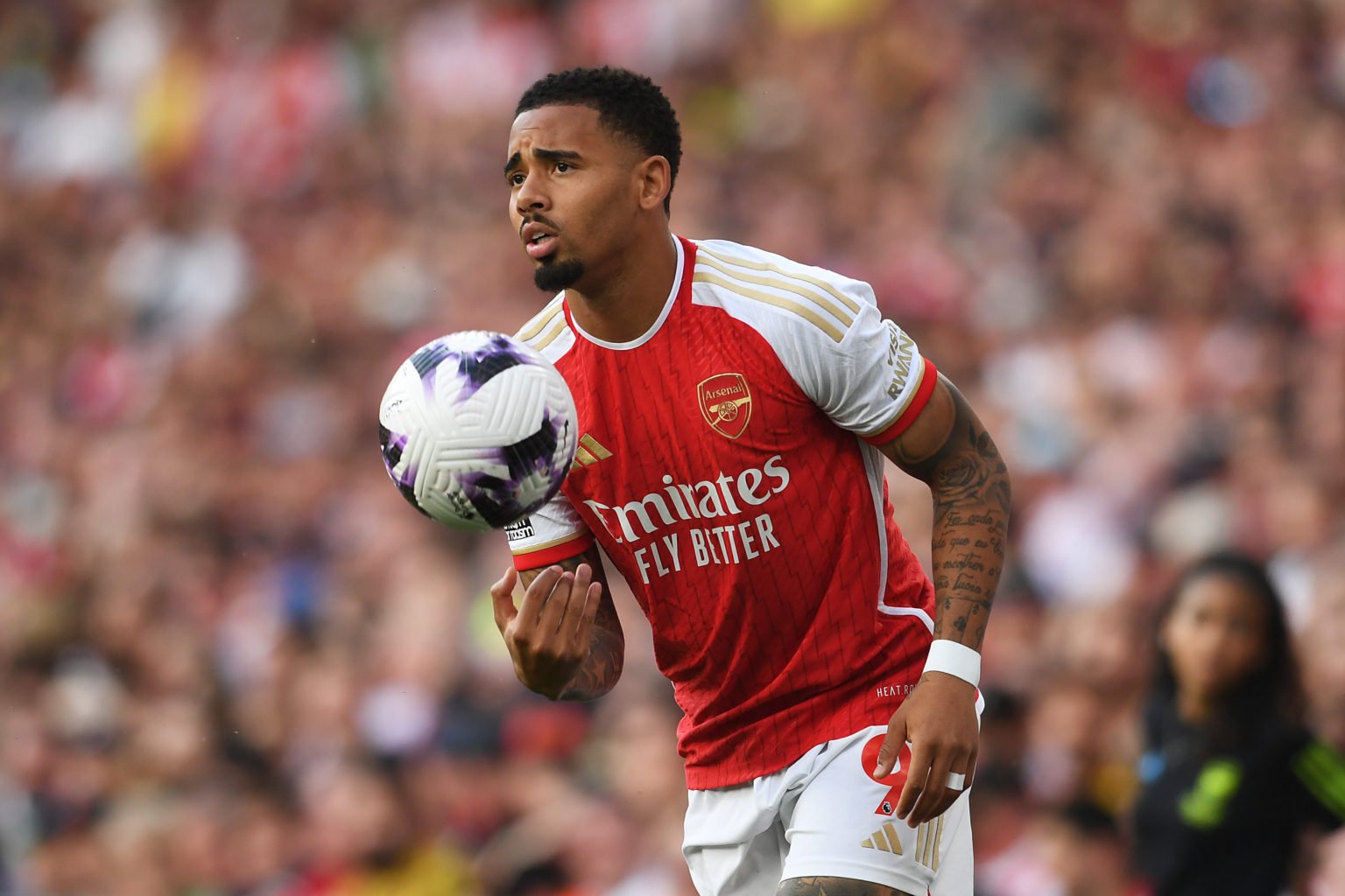 Gabriel Jesus of Arsenal throws the ball during the Premier League match between Arsenal FC and Everton FC at Emirates Stadium on May 19, 2024 in L...