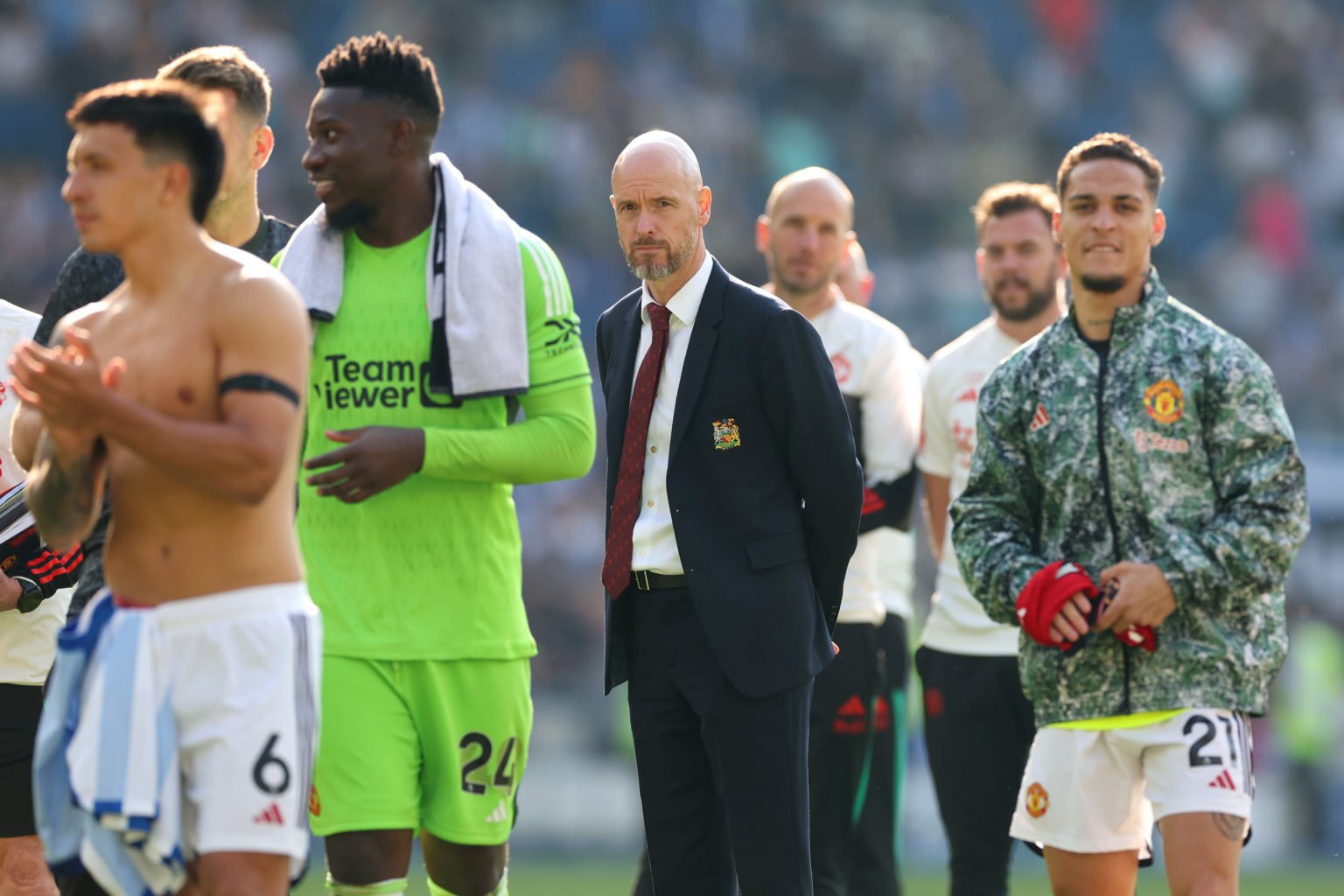 Erik ten Hag, Manager of Manchester United, looks on after the team's victory in the Premier League match between Brighton & Hove Albion and Ma...