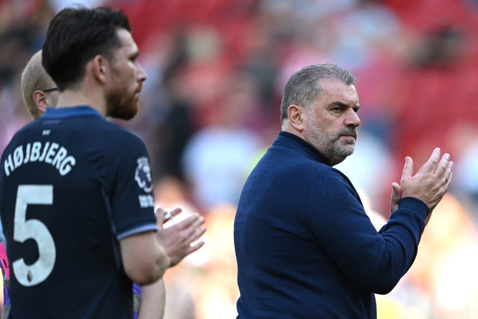 Spurs Head Coach Ange Postecoglou applauds the fans after the Premier League match between Sheffield United and Tottenham Hotspur at Bramall Lane o...