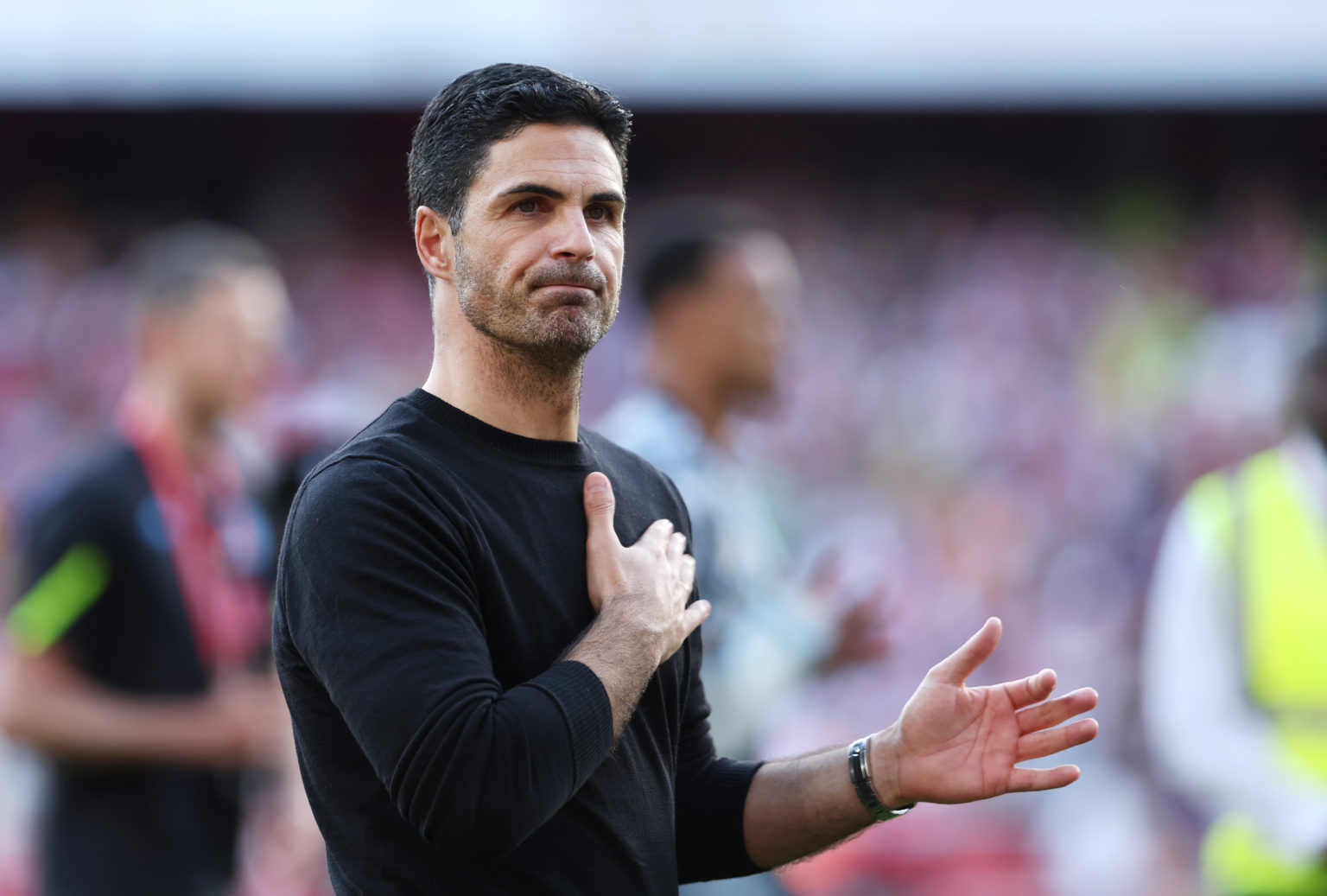 Mikel Arteta, Manager of Arsenal, acknowledges the fans following the Premier League match between Arsenal FC and Everton FC at Emirates Stadium on...