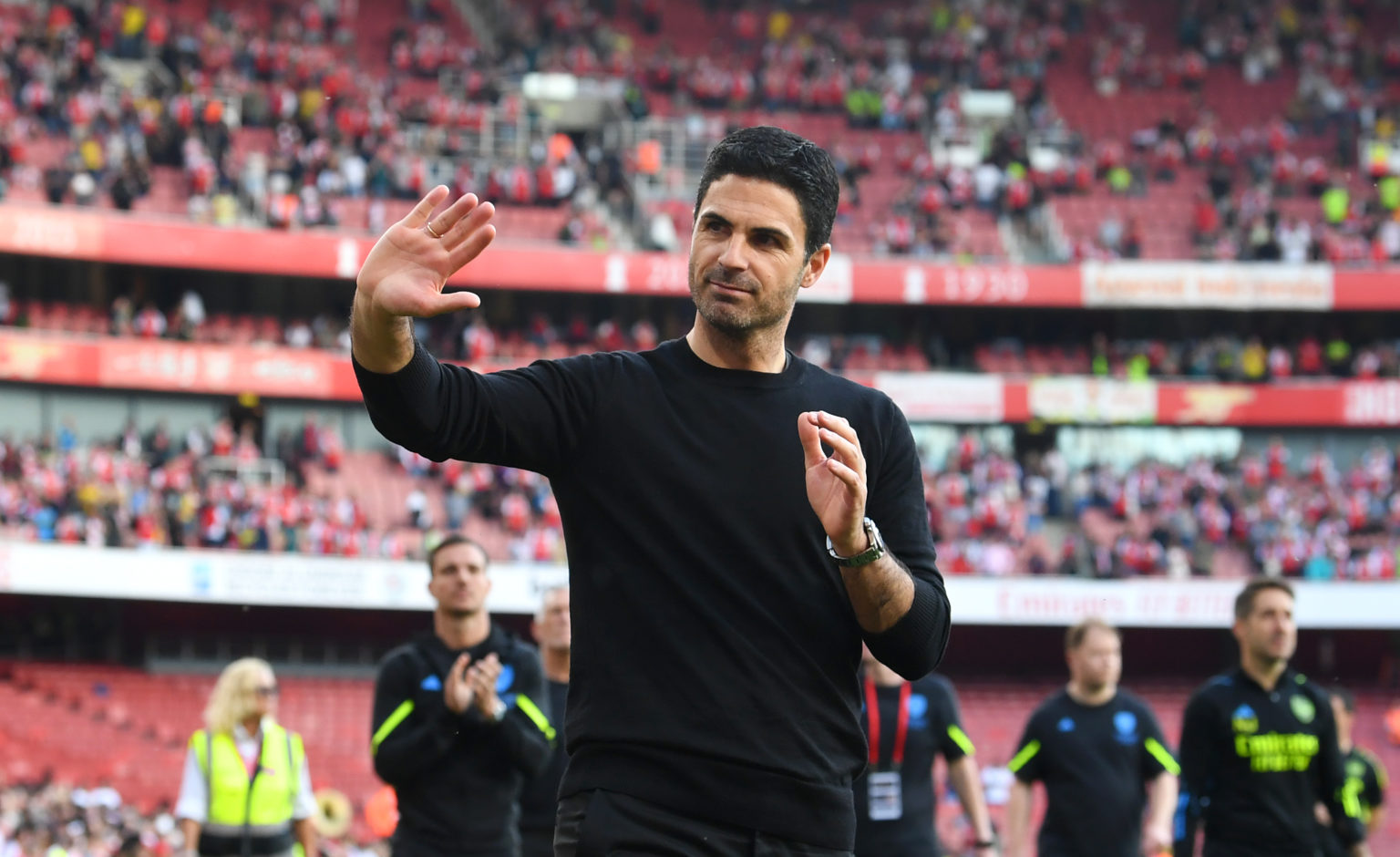 Mikel Arteta, Manager of Arsenal, acknowledges the fans following the Premier League match between Arsenal FC and Everton FC at Emirates Stadium on...