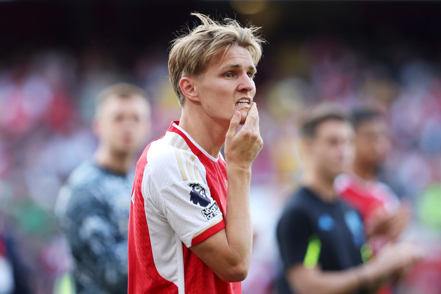 Martin Odegaard of Arsenal looks dejected following the Premier League match between Arsenal FC and Everton FC at Emirates Stadium on May 19, 2024 ...