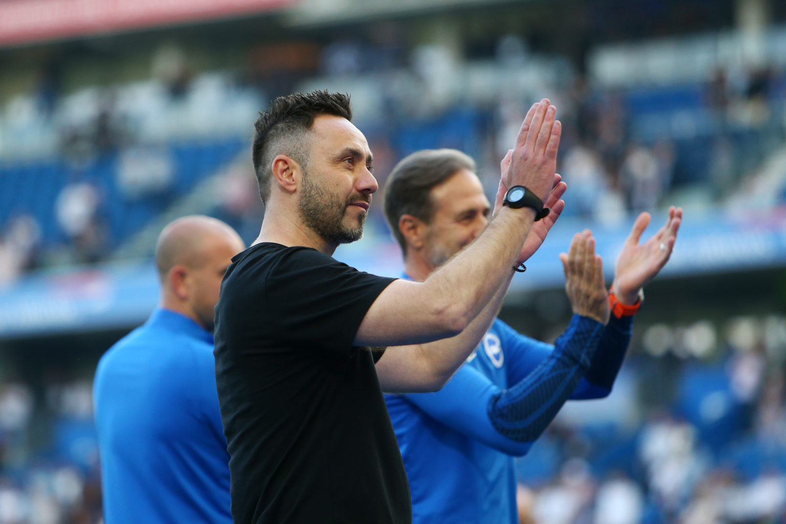 Roberto De Zerbi, Manager of Brighton & Hove Albion, acknowledges the fans following the Premier League match between Brighton & Hove Albio...