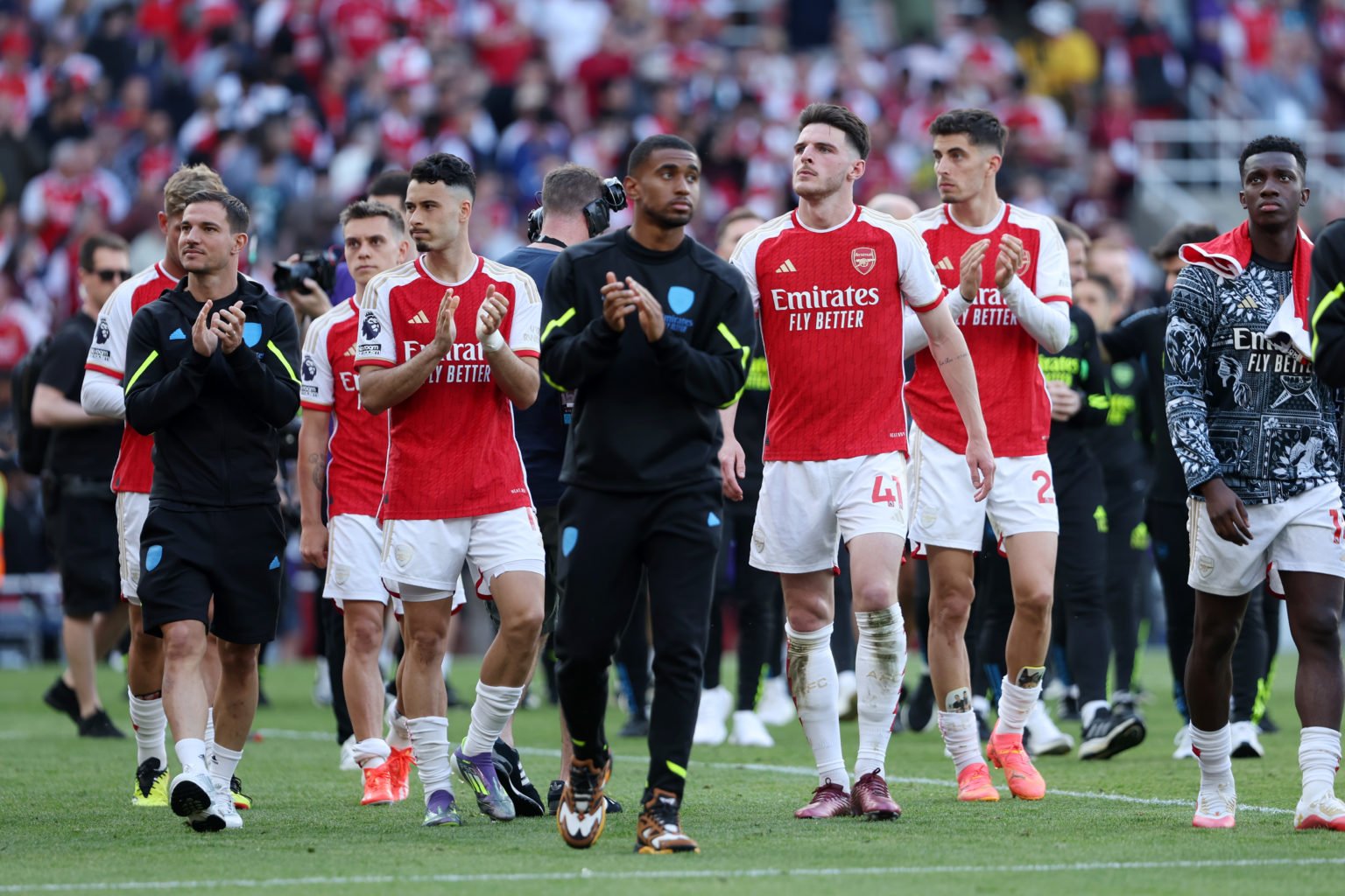 Declan Rice of Arsenal looks dejected during a lap of appreciation following the Premier League match between Arsenal FC and Everton FC at Emirates...