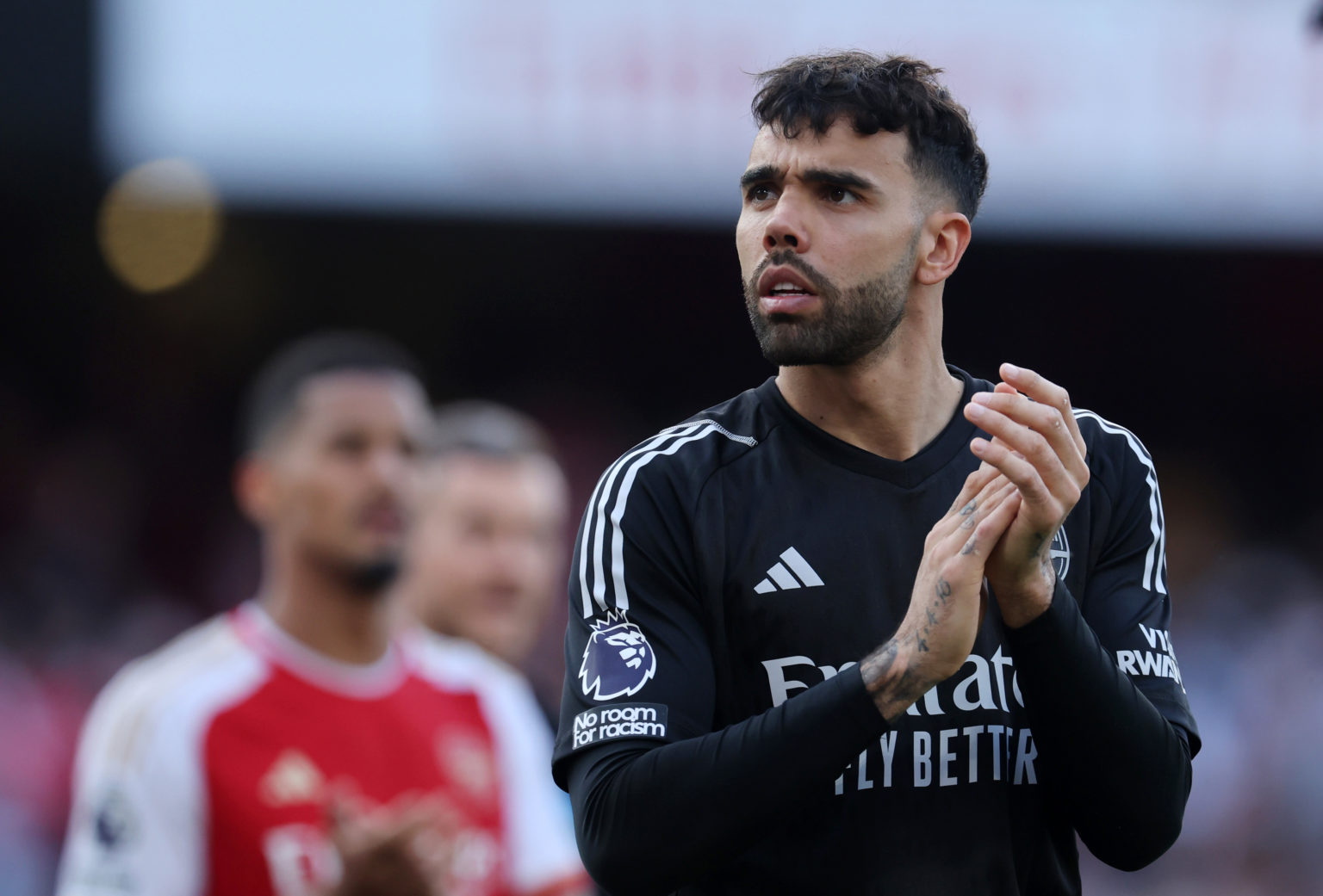 David Raya of Arsenal applauds after the Premier League match between Arsenal FC and Everton FC at Emirates Stadium on May 19, 2024 in London, Engl...