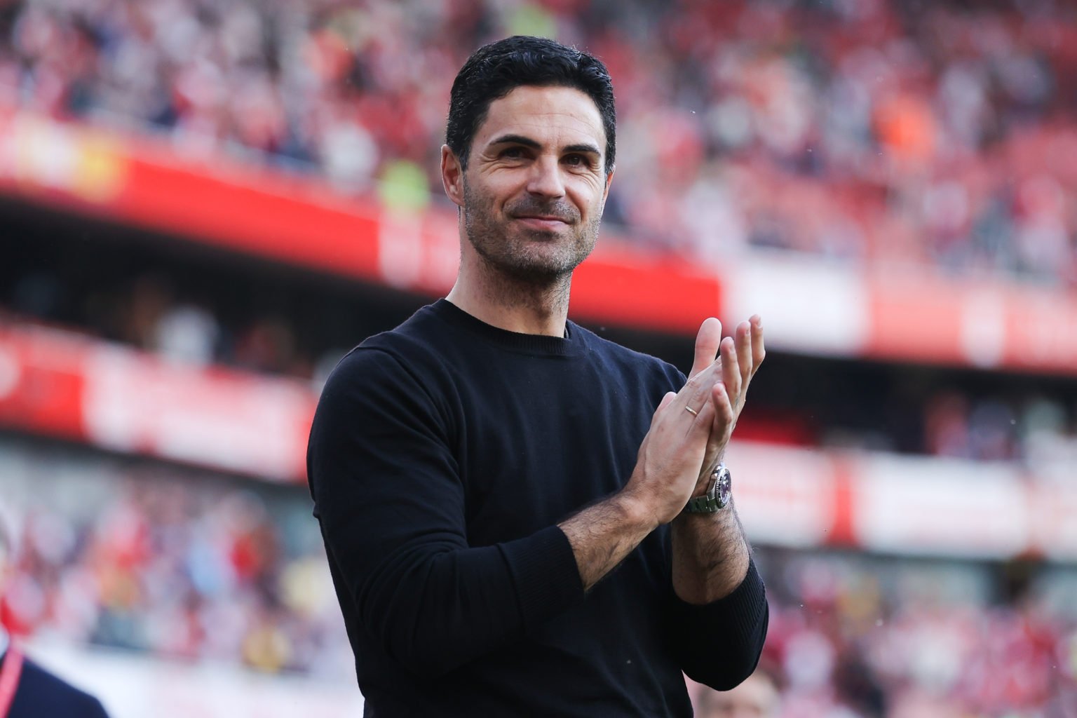 Mikel Arteta, manager of Arsenal, acknowledges the home support after the Premier League match between Arsenal FC and Everton FC at Emirates Stadiu...