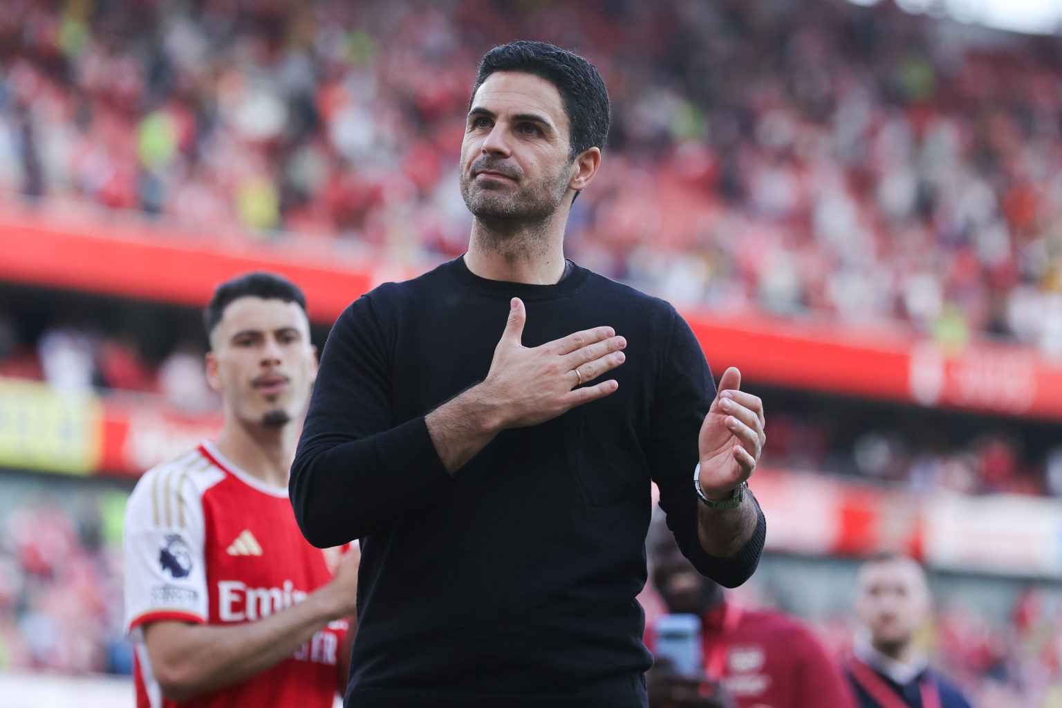 Mikel Arteta, manager of Arsenal, acknowledges the home support after the Premier League match between Arsenal FC and Everton FC at Emirates Stadiu...