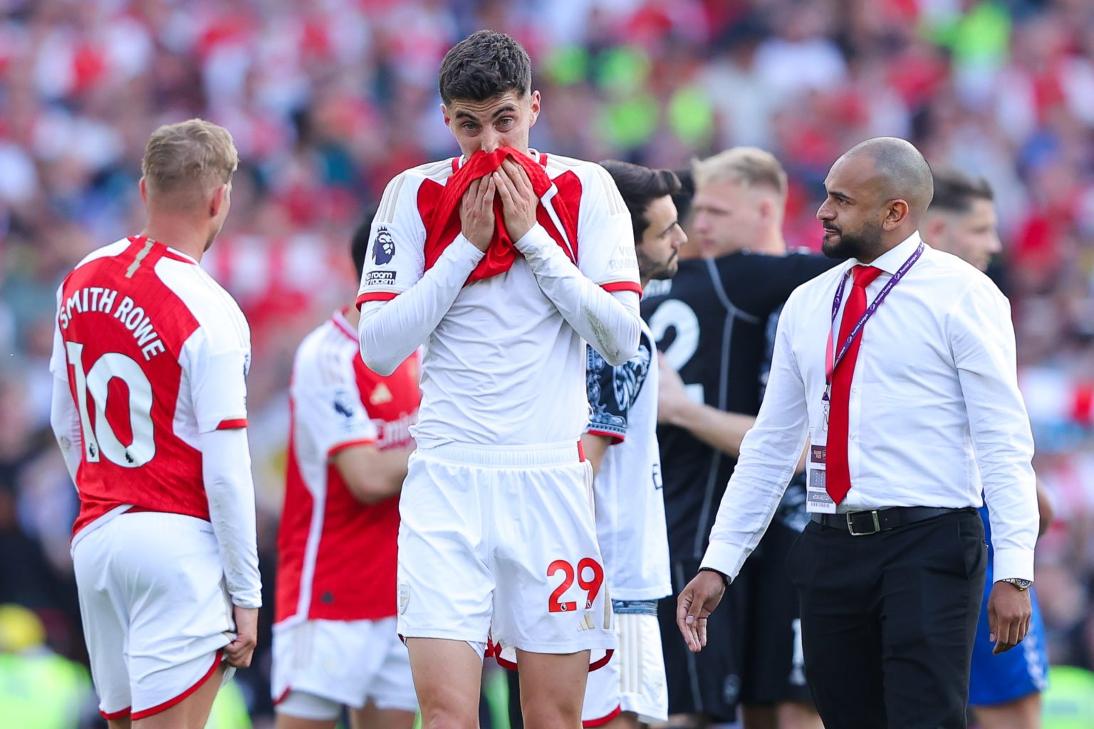 Kai Havertz of Arsenal looks dejected after the Premier League match between Arsenal FC and Everton FC at Emirates Stadium on May 19, 2024 in Londo...